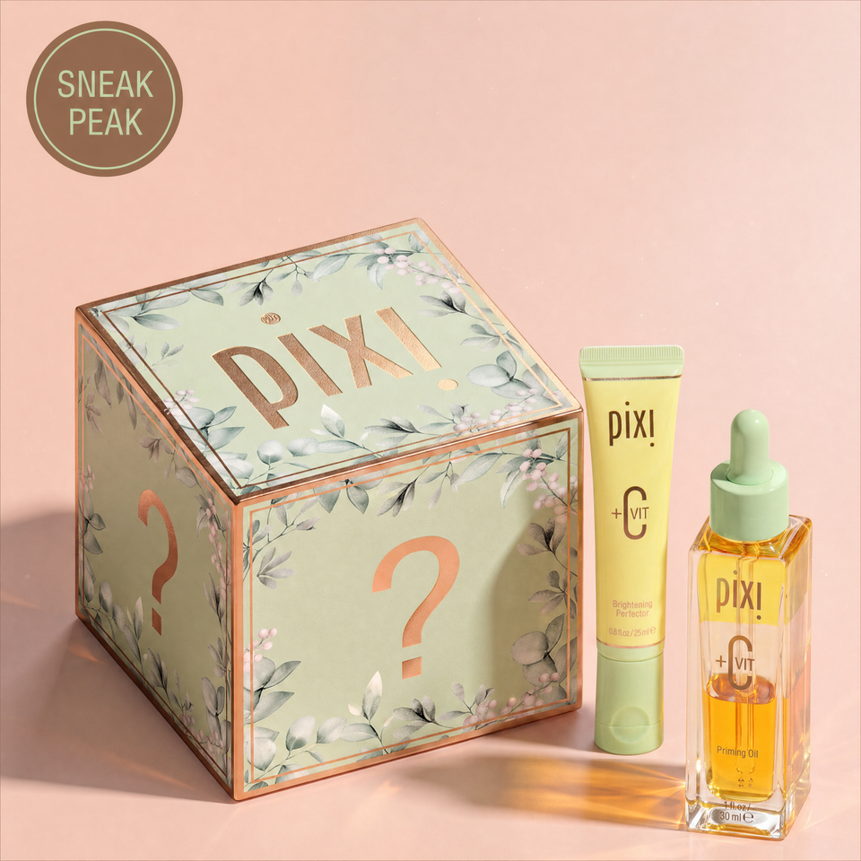 Pixi Mystery Box featuring +C Vit Brightening Perfector and +C Vit Priming Oil with 'sneak peak' badge shown on a pale orange background view 2