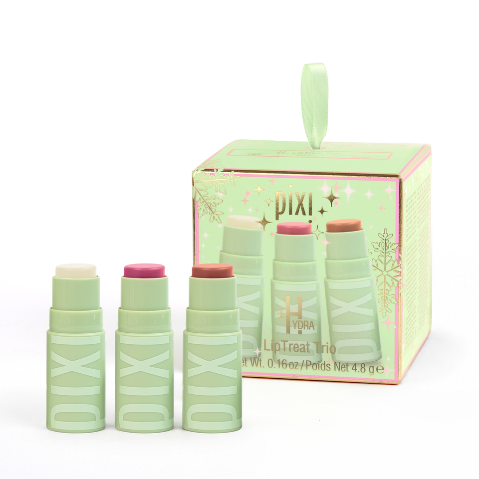 Pixi Hydra Lip Treat Trio set with three lip balm tubes in front of their light green and pink packaging box on a white background. view 1