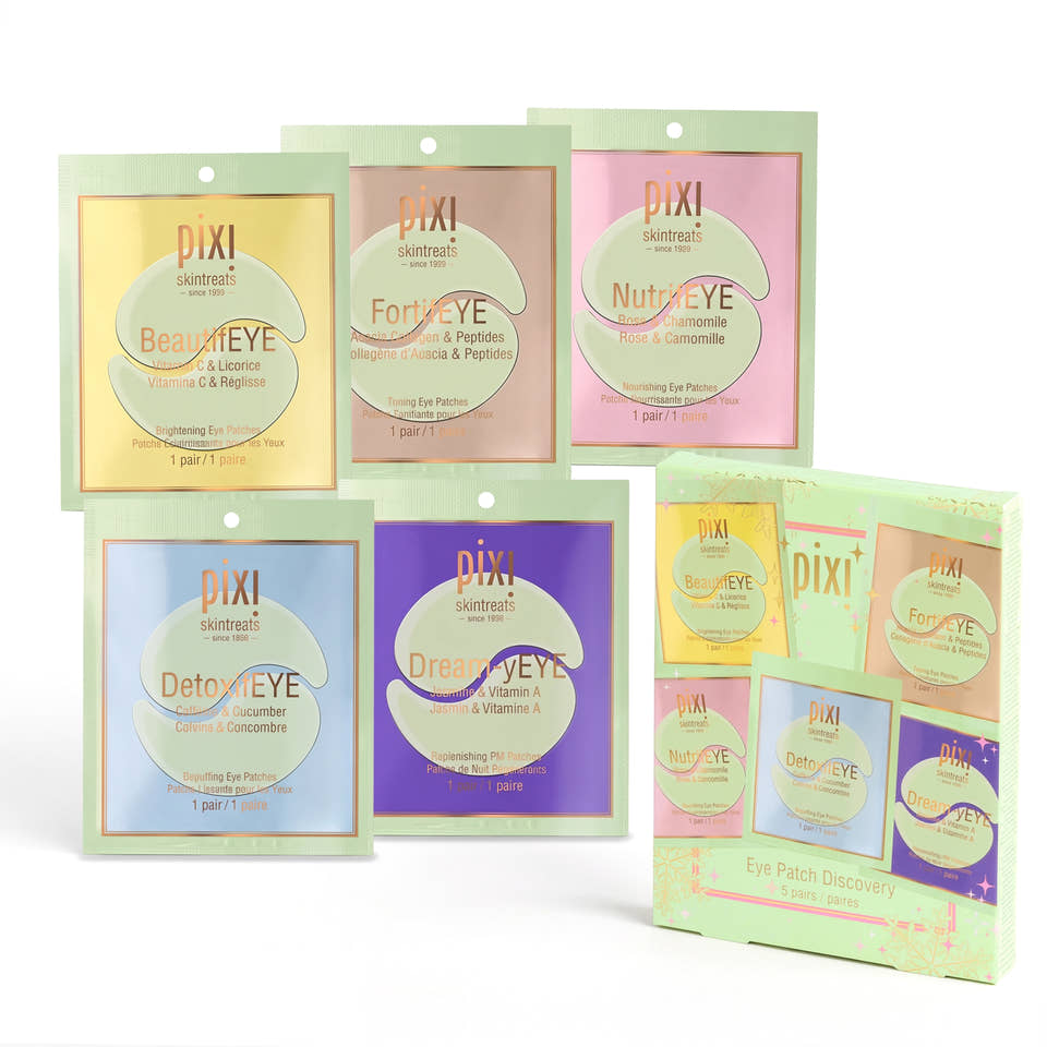 5 small skincare sachets in pastel-colored packaging arranged around a matching product box on a white background. The visible brand text reads PIXI+ skincare. view 1