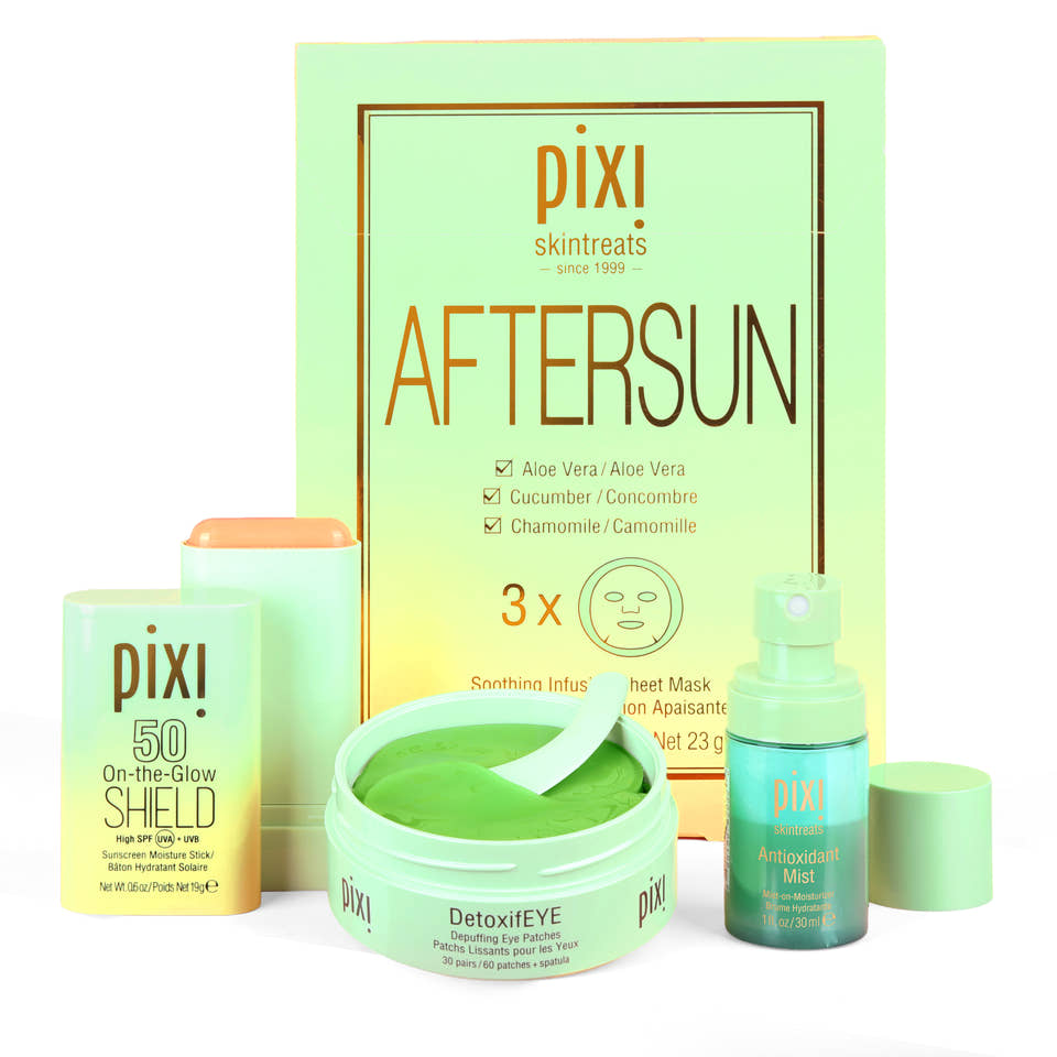 Pixi skincare suncare products including 'Aftersun' on a white background view 2