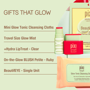 Gifts that Glow - Mini Glow Tonic Cleansing Cloths, Travel Size Glow Mist, +Hydra LipTreat-Clear, On-the-Glow Blush Petite in Ruby, BeautifEYE single pair