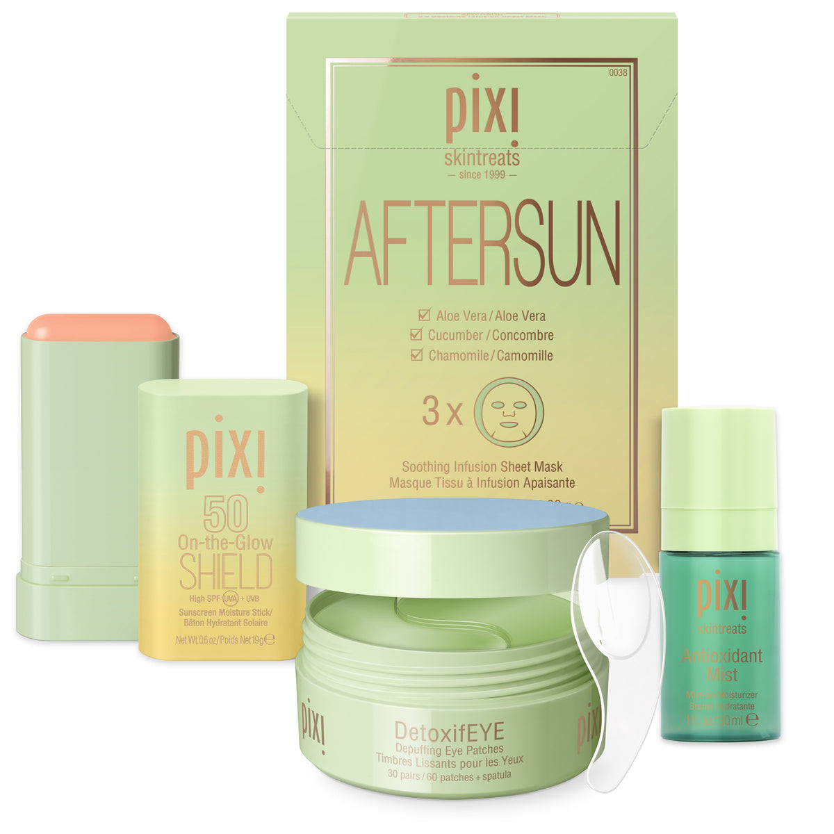 Festival Bundle featuring On-the-Glow SHIELD, AfterSun Sheet Masks, DetoxifEYE Patches, and Petite Antioxidant Mist