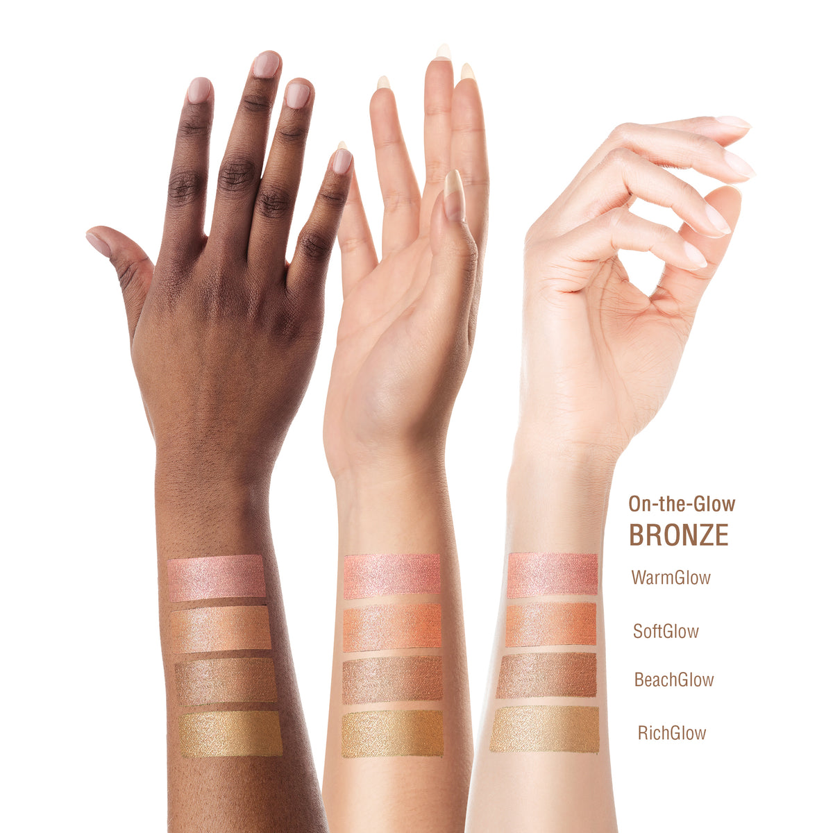 Three human forearms and hands are shown against a white background, each with four rectangular makeup swatches stacked near the lower arm. The swatches represent warm skin-tone makeup shades labeled On-the-Glow BRONZE, with variants WarmGlow, SoftGlow, BeachGlow, and RichGlow listed on the right.