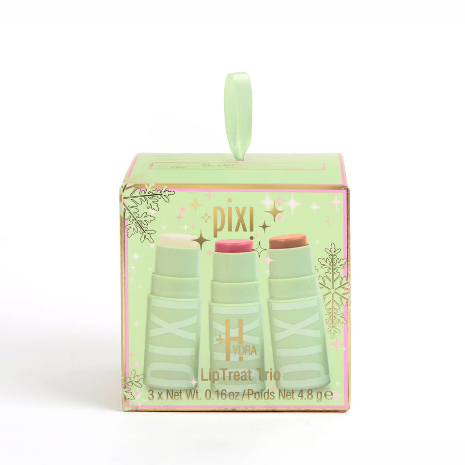 Pixi Hydra LipTreat Trio in a pastel green gift box with a carrying loop handle, showing three lip balm tubes inside. view 2