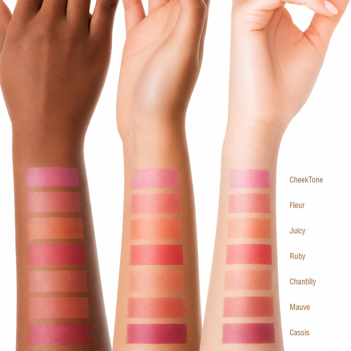 On-the-Glow BLUSH swatch shades shown on arms - shades are CheekTone, Fleur, Juicy, Ruby, Chantilly, Mauve and Cassis.