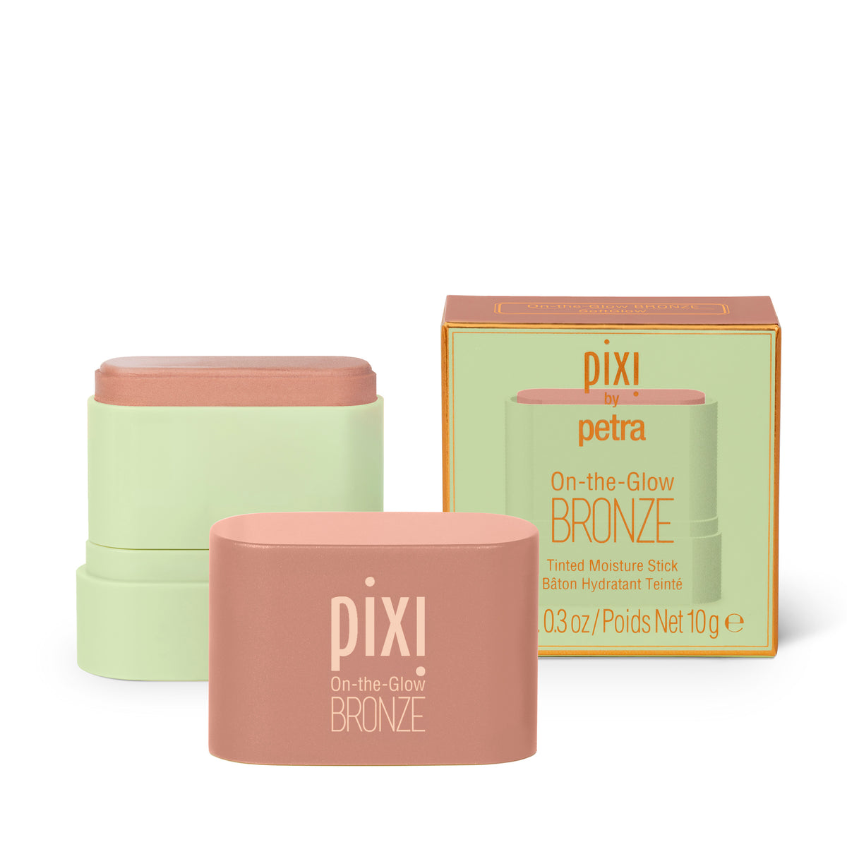 Pixi by Petra On-the-Glow Bronze tinted moisturizer shown with its peach-colored stick container, a matching pale green cap, and the product box on a white background.