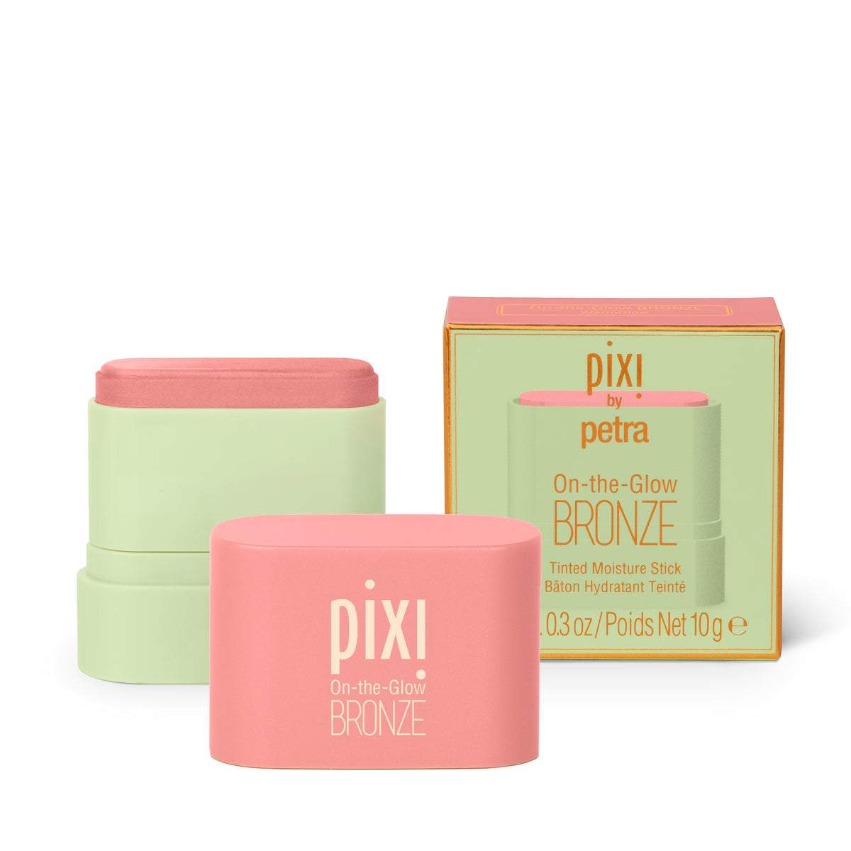 Pixi by Petra On-the-Glow Bronze tinted moisturizer shown with a pink stick container, a pale green stick container, and the product box on a white background.
