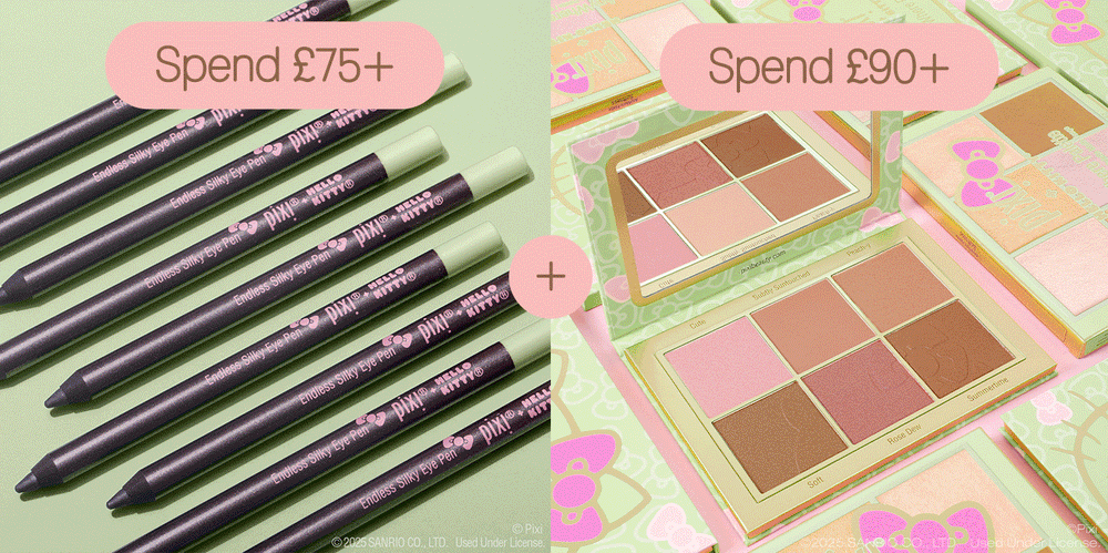 Spend $75 and receive Eye Trio + Bag, Spend $90 and receive Pixi + Hello Kitty AnyWhere Palette