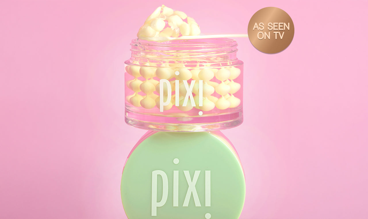 Pixi Vitamin-C CreamSerum product with pink lid and green cap on a pink background and a "As Seen on TV" badge