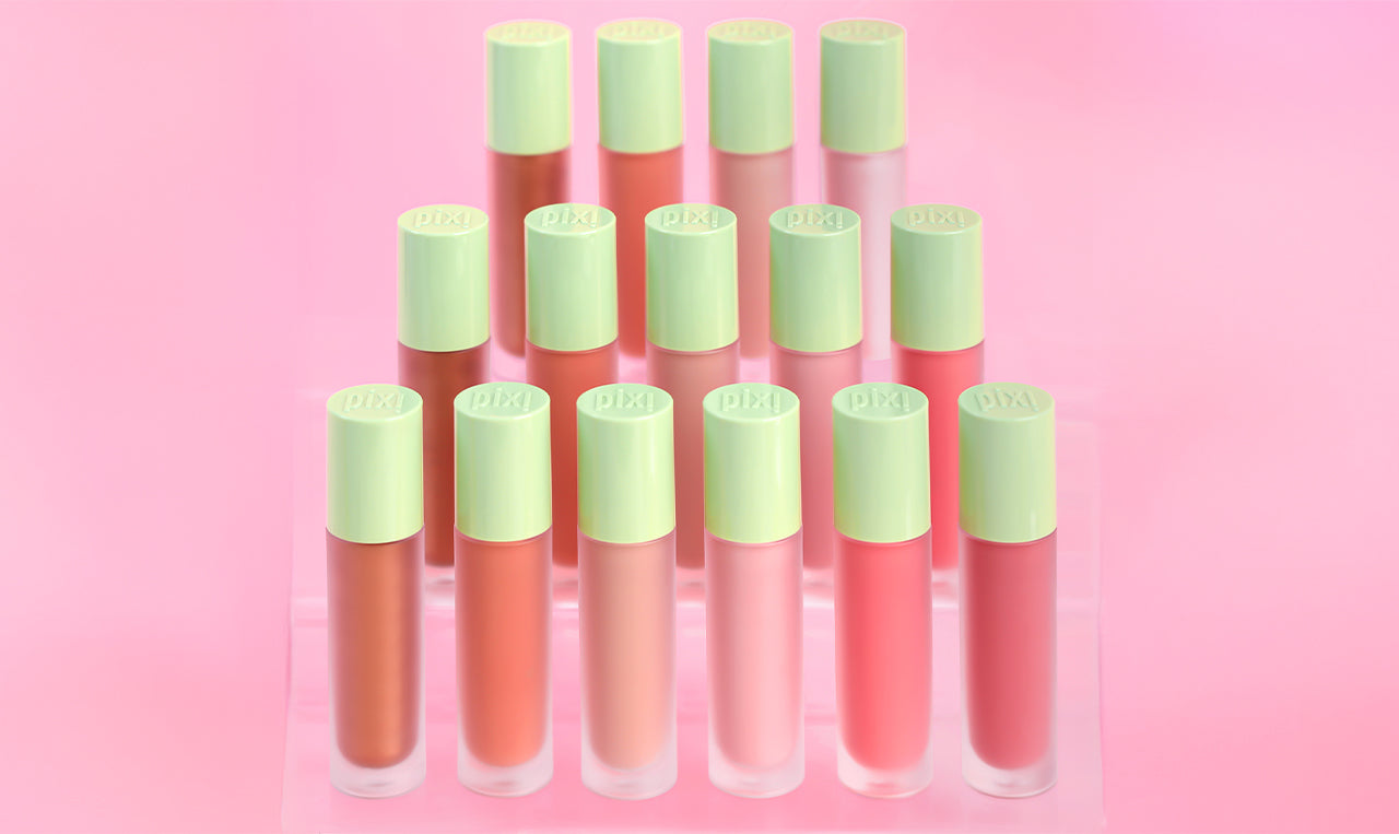 LiquidGlow Blush shown in various shades on a pink background