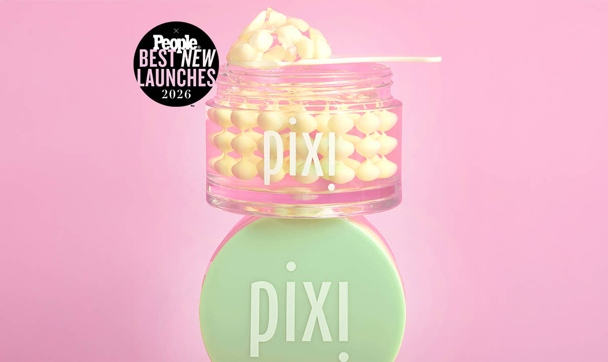 Pixi Vitamin-C CreamSerum product with pink lid and green cap on a pink background along with People Best New Launches 2026 sticker