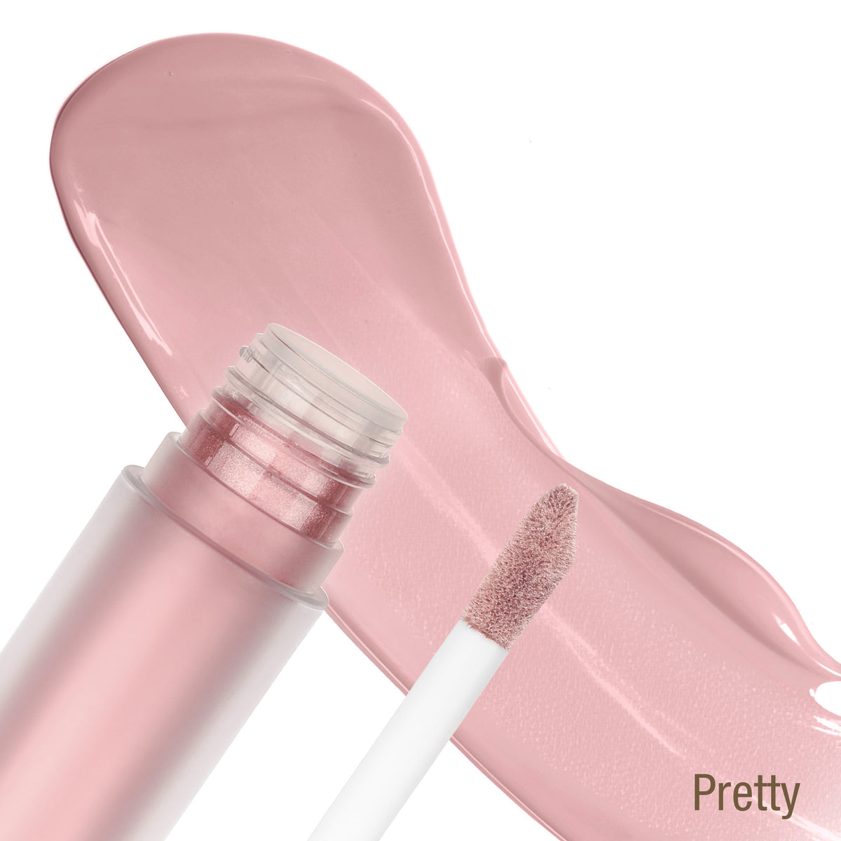 Pixi Liquid Glow Pretty view 2 lip gloss with applicator and swatch on a white background