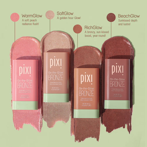 On-the-Glow BRONZE shades SoftGlow, WarmGlow, RichGlow and BeachGlow swatched side by side. view 2