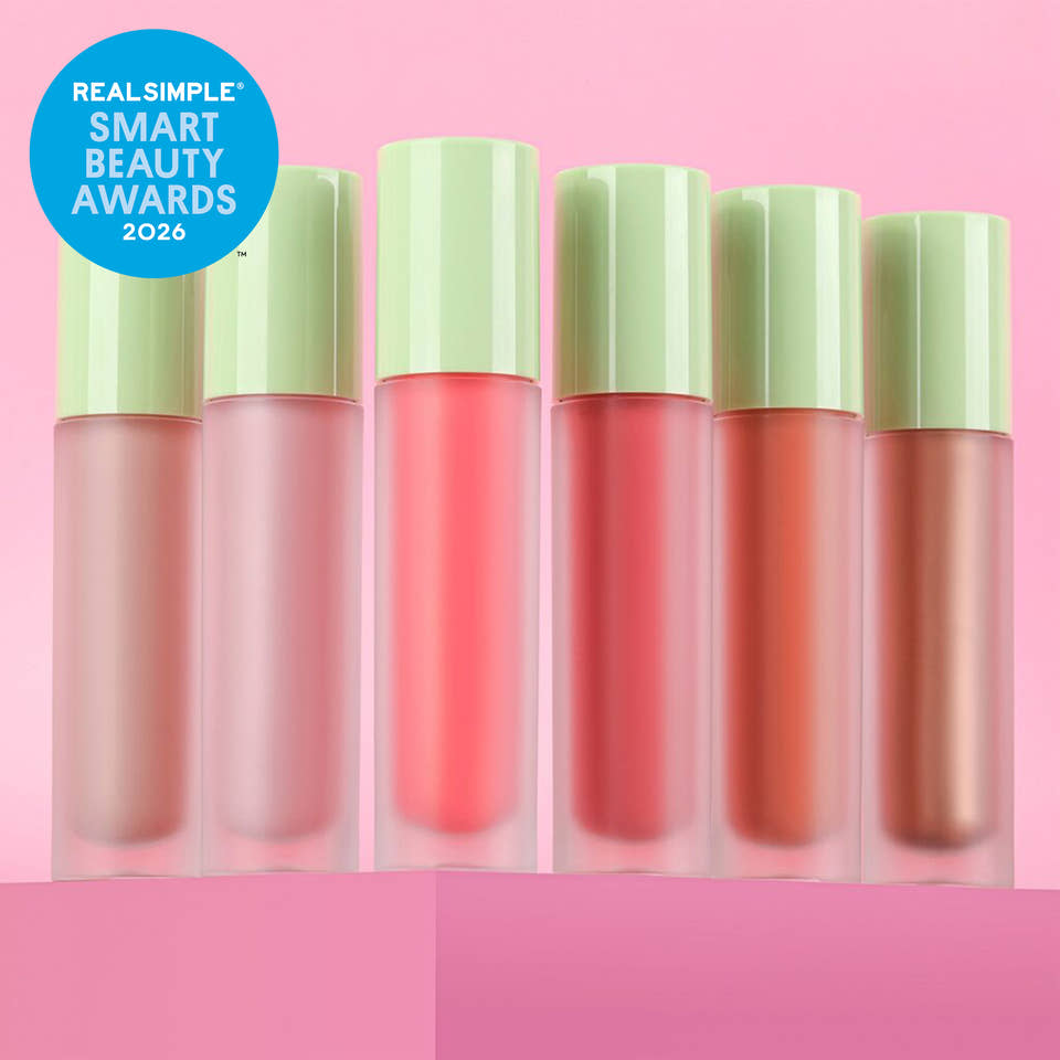 Pixi LiquidGlow Blush serum blush and lip tint with doe-foot applicator. All shades of LiquidGlow Blush shown on a pink background with RealSimple Smart Beauty Awards 2026 sticker - view 1 view 1