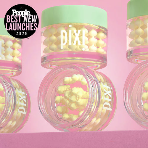 Pixi Vitamin-C CreamSerum product with pink lid and green cap on a pink background along with People Best New Launches 2026 sticker