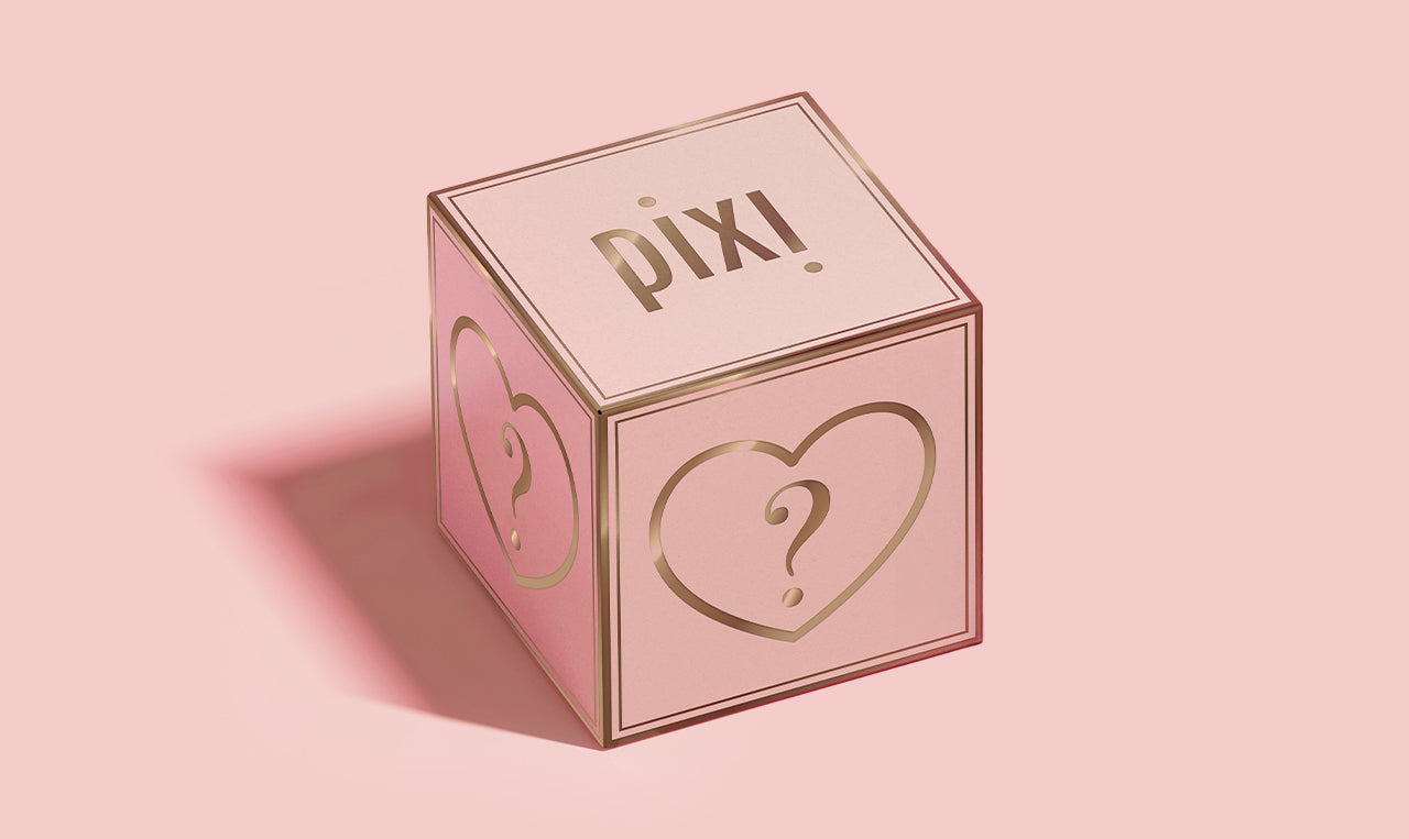 A pink Mystery Bundle box shown on a pink background 