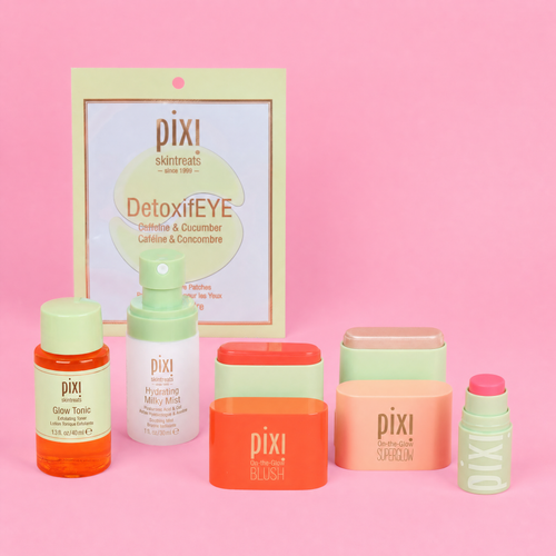 A Pixi skincare set arranged on a pink background, including a DetoxiFYE eye patch single pair, Glow Tonic, Hydrating Milky Mist, On-the-Glow Blush Petite, On-the-Glow SuperGlow Petite and +HydraLipTreats Petite.  view 1