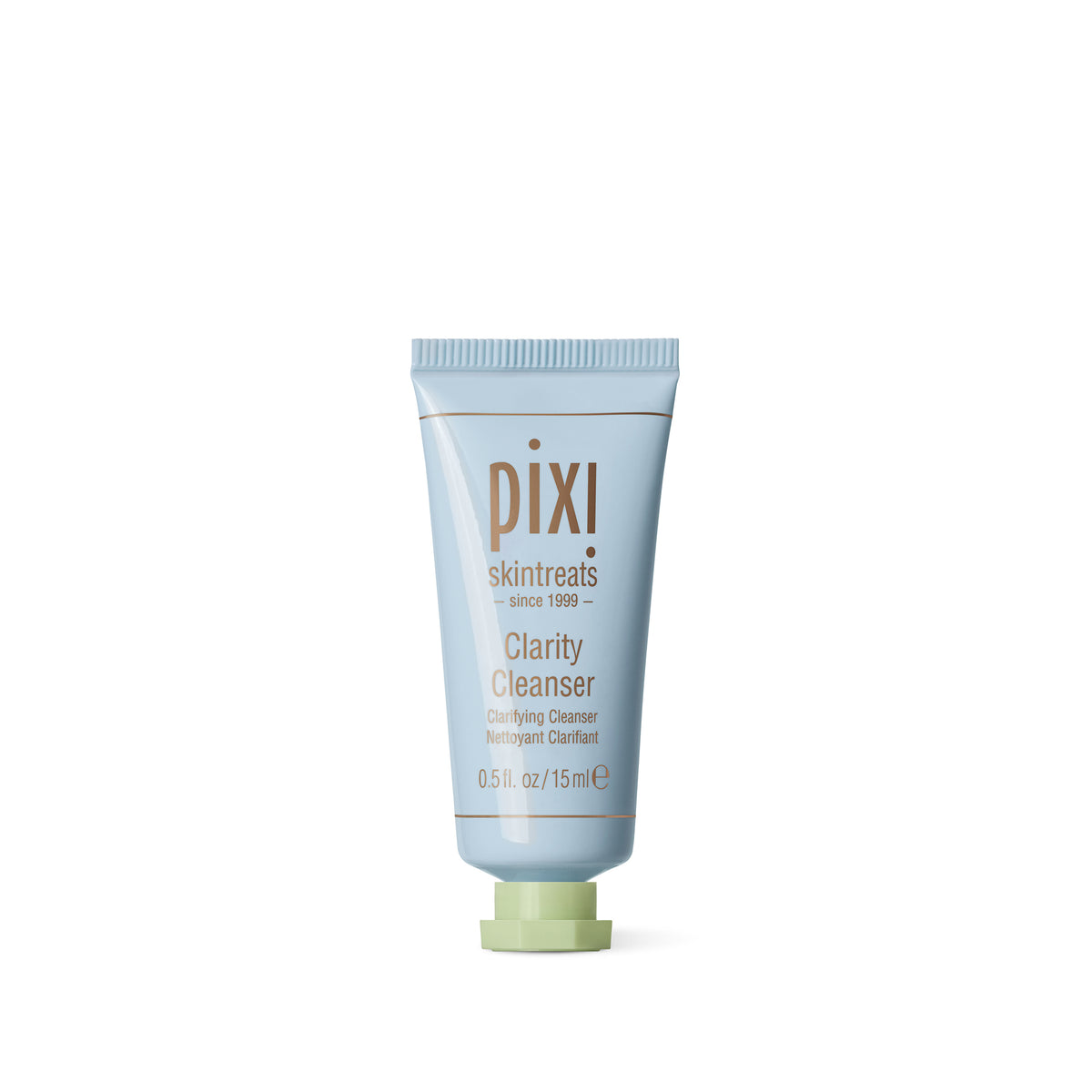Pixi Skintreats Clarity Cleanser in a light blue squeeze tube with a pale green cap, centered on a white background.