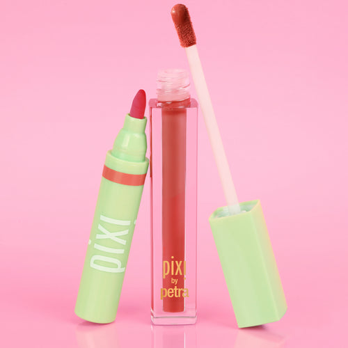 Pixi Signature Duo featuring LipBlush and LipLift Max on a pink background - View 1 view 2