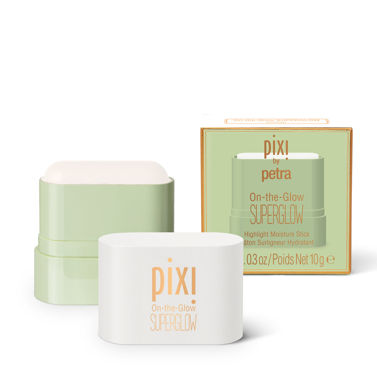 Pixi by Petra On-the-Glow Superglow highlighter stick shown with its white jar, pale green stick container, and product box on a clean white background.