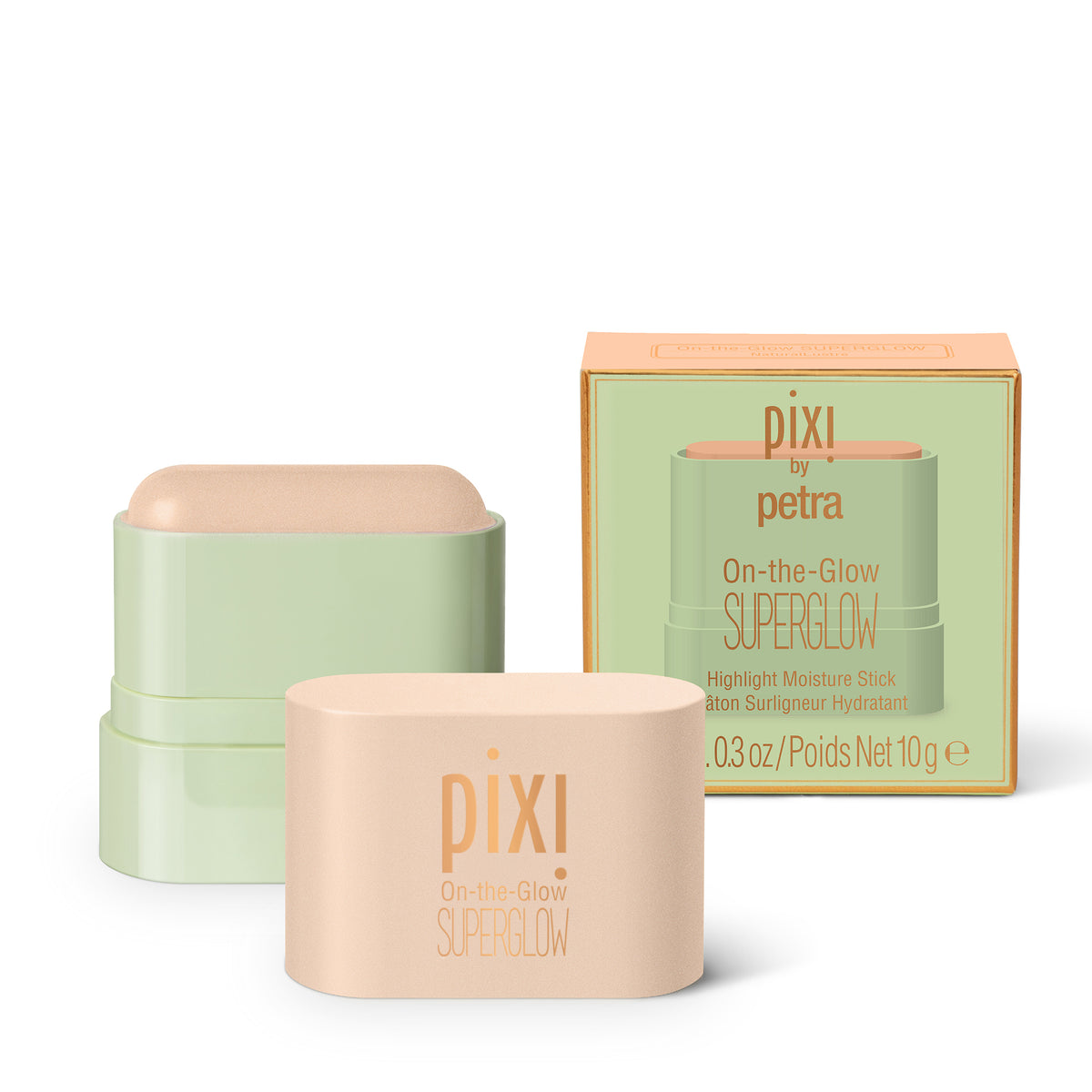 Pixi by Petra On-the-Glow Superglow highlighter stick shown with its peach-colored packaging box and two compact stick containers, one in a pale sage green case and one in a peach-beige case, on a clean white background.