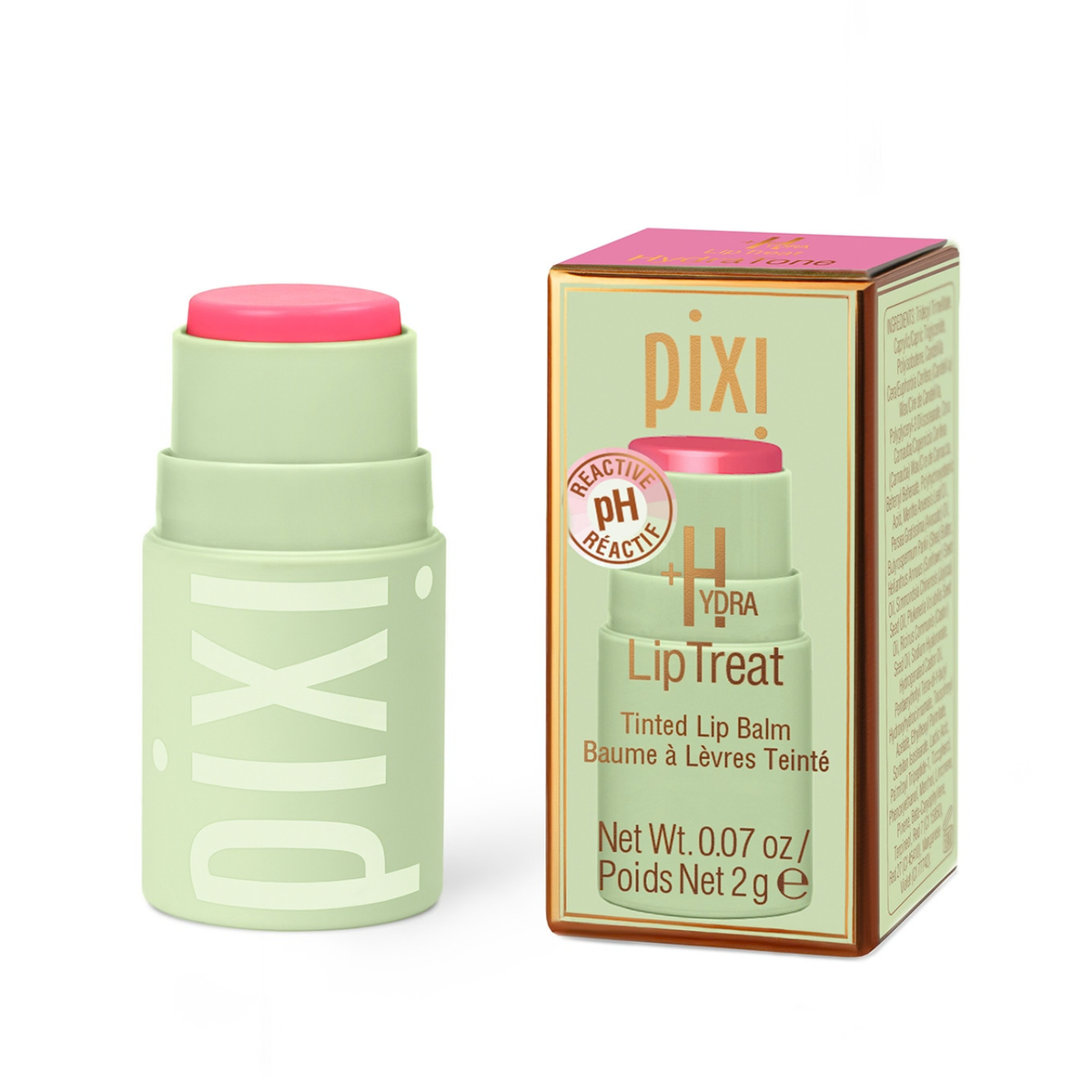 Pixi +Hydra LipTreat tinted lip balm shown with its outer packaging box. The lip balm stick is light green with a bright pink cap, and the box is a pale green with gold lettering and a pink top.