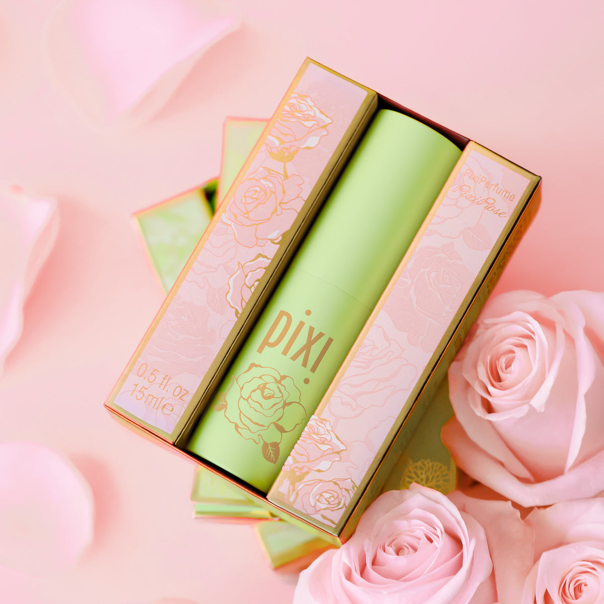 PixiPerfume PixiRose with pink background and roses