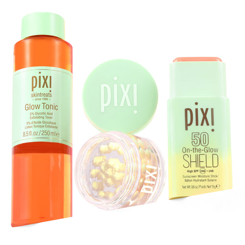 Bundle image shown on a white background featuring Glow Tonic, Vitamin-C CremeSerum and On-the-Glow SHIELD SPF 50 - View 1 view 1