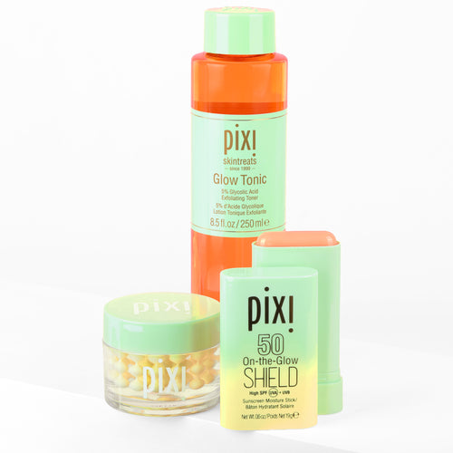 Bundle image shown on a white background featuring Glow Tonic, Vitamin-C CremeSerum and On-the-Glow SHIELD SPF 50 - View 2 view 2