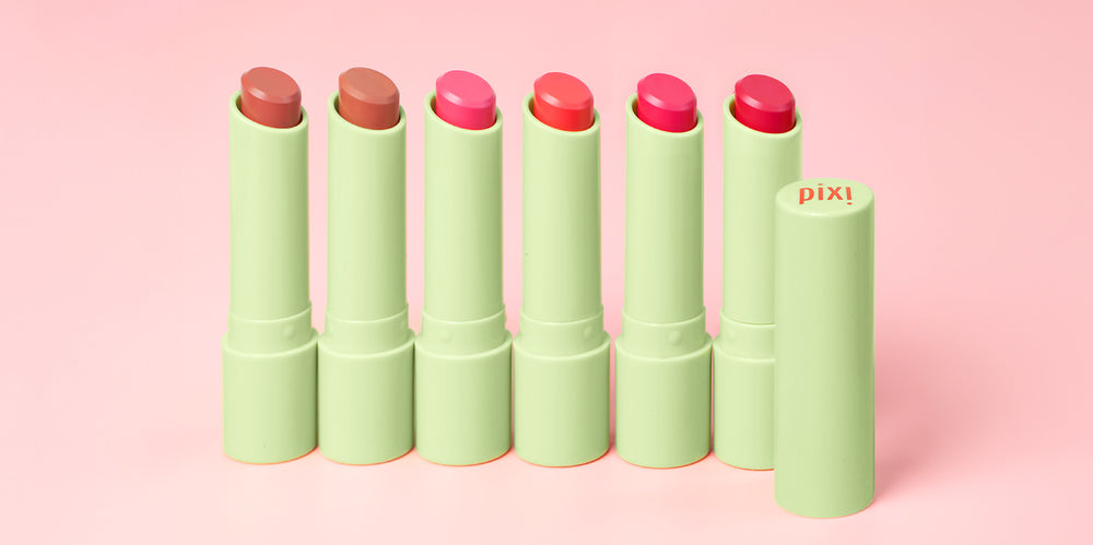 6 shades of NaturelleLip shown on a pink background - View 1