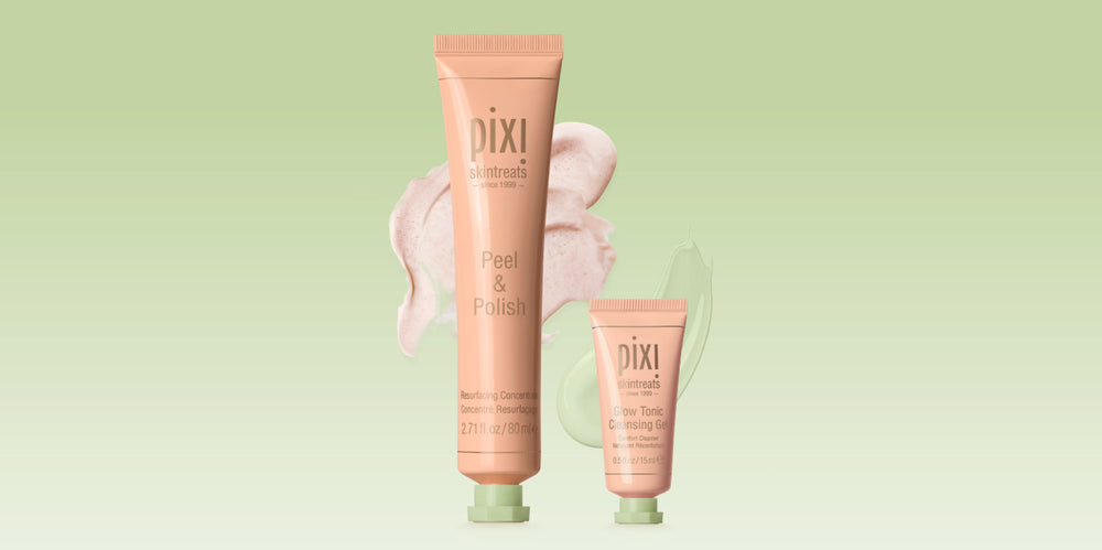 Full-Size Peel & Polish with Petite Glow Tonic Cleansing Gel with swatches shown on a green background - View 1