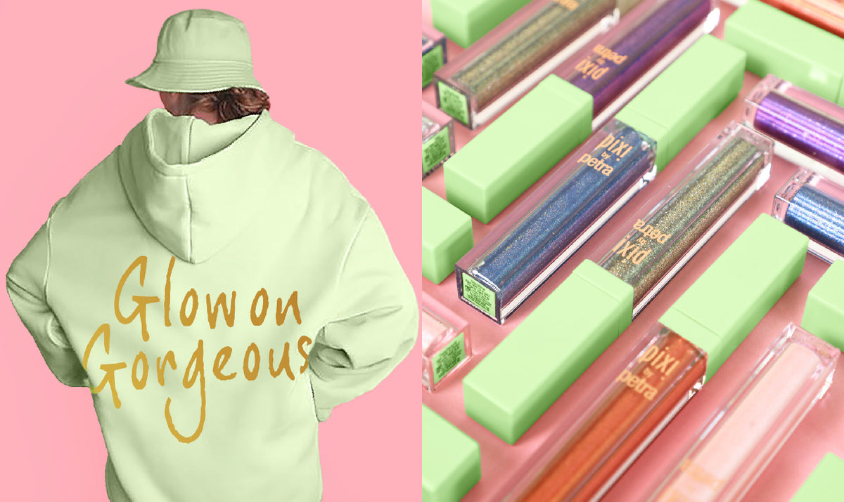 A split image showing a model from the back wearing a pale green hoodie with 'Glow on Gorgeous' written in gold script, alongside a close-up of lip gloss tubes with matching pale green caps on a pink background.