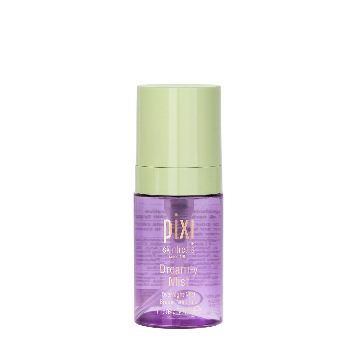 A bottle of Pixi Skintreats Dreamy Mist Overnight mist on a solid white background. The bottle is translucent purple with a light green cap.