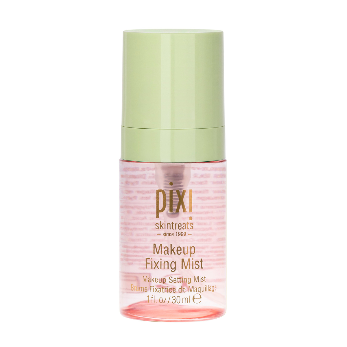 Pixi Skintreats Makeup Fixing Mist in a 30 ml clear bottle with a light green cap, shown on a solid white background.