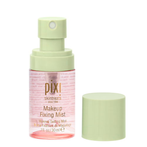 Pixi Skintreats Makeup Fixing Mist in a clear bottle with a pale green spray pump, shown next to its matching light green cap on a white background. view 2