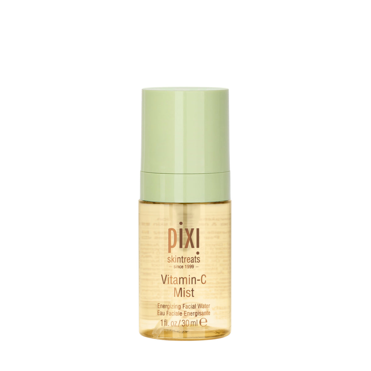 Pixi SkinTreats Vitamin-C Mist in a clear cylindrical bottle showing the golden formula inside, topped with a light sage green cap, on a solid white background.