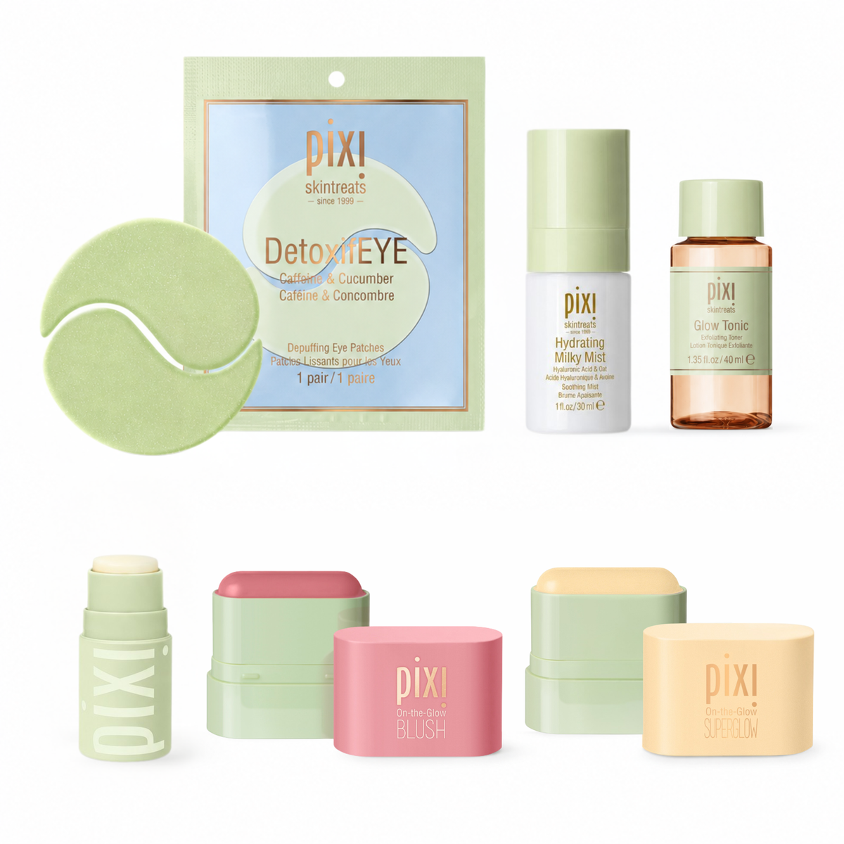 Pixi skincare beauty set featuring DetoxiEYE eye patches, Hydrating Milky Mist, Glow Tonic, and three lip products in pastel green, pink, and yellow packaging on a white background.