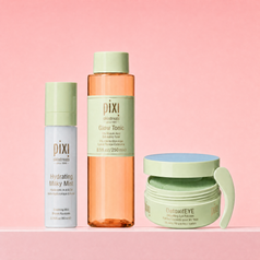 Bundle containing Hydrating Milky Mist, Glow Tonic Original Size and DetoxifEYE shown on a pink background