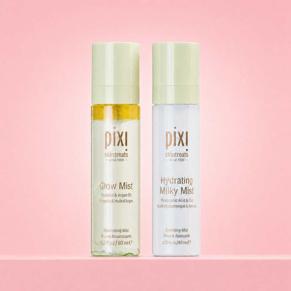 Mist Duo shown on a pink background featuring Glow Mist and Hydrating Milky Mist view 1